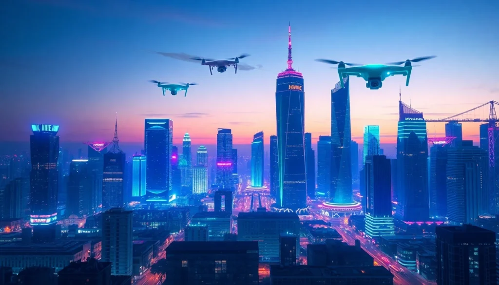 Showcase technology-driven urban life with a vibrant skyline illuminated by neon lights.