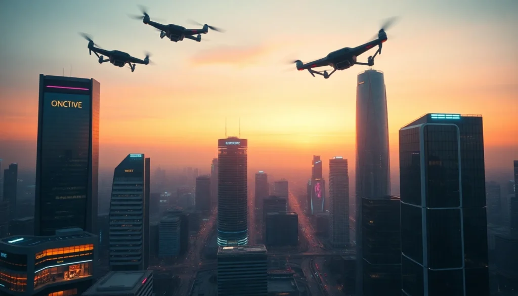 A vibrant city showcasing technology through drones and smart buildings, demonstrating the future of urban life.