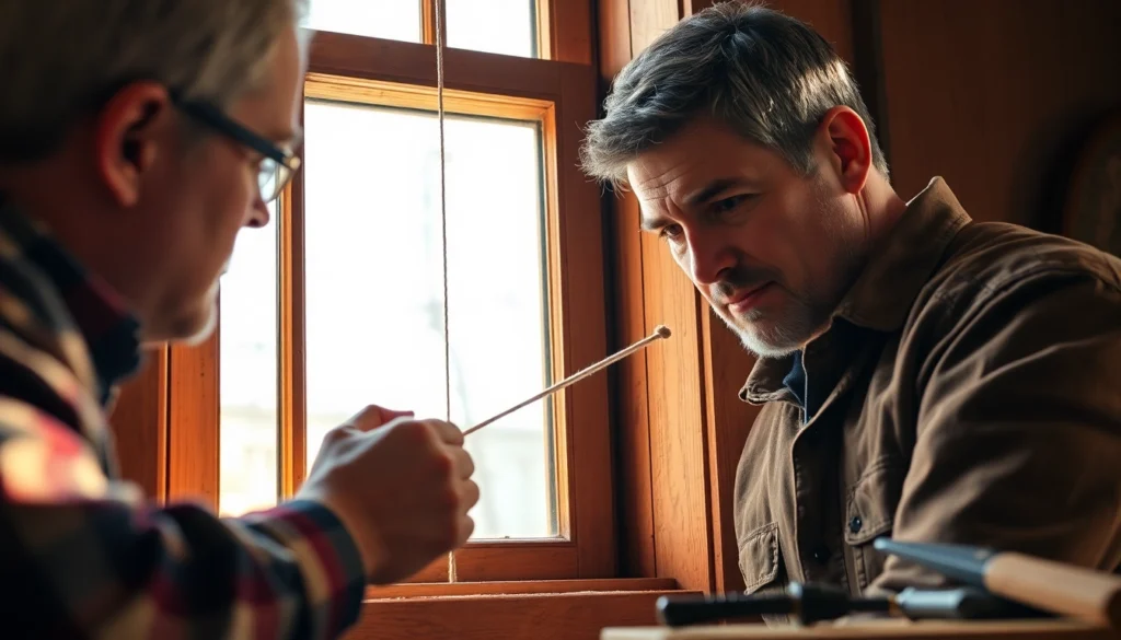 Learn the process of Broken sash cord replacement showing a craftsman at work with tools.