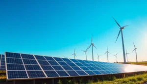 Renewable energy industry features solar panels and wind turbines harnessing natural resources for sustainable power generation.