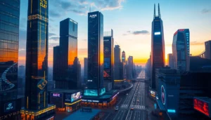 Showcasing technology in a vibrant cityscape with advanced digital interfaces and skyscrapers.