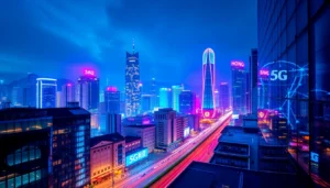 香港夜景，展示5G科技與繁華都市生活的融合，色彩鮮艷，充滿活力。