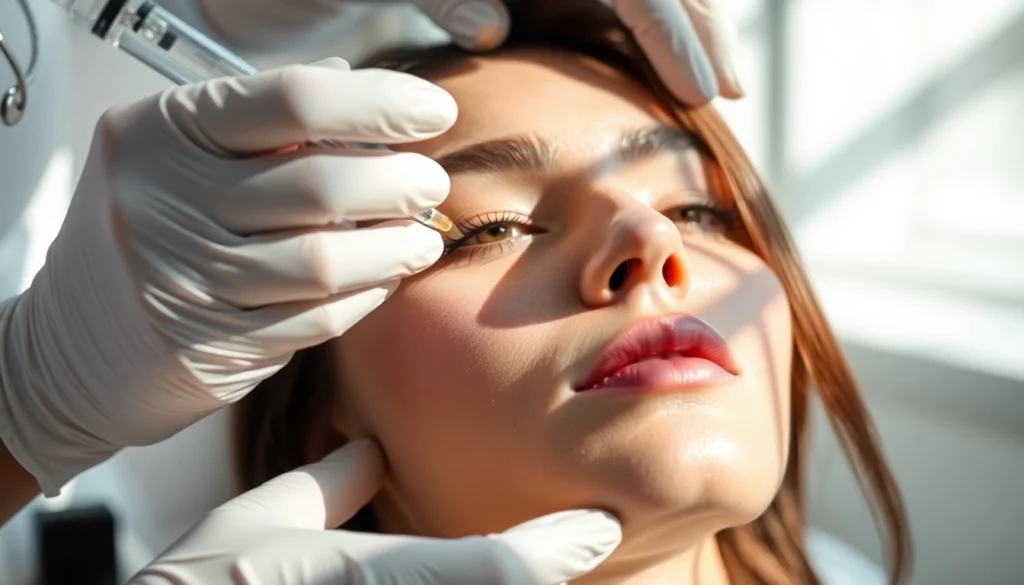 Woman undergoing a Botox Behandlung for wrinkle smoothing in a tranquil clinical environment.