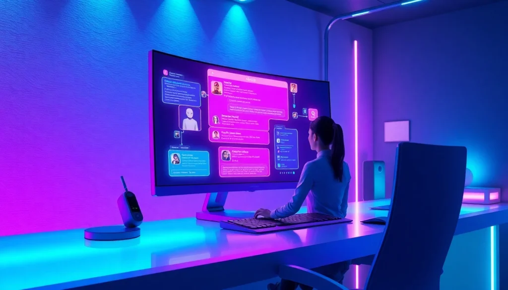 Futuristic computer workspace with vibrant AI chat interface on a curved monitor, glowing neon lights, cyberpunk aesthetic, and a user engaging with an AI character.