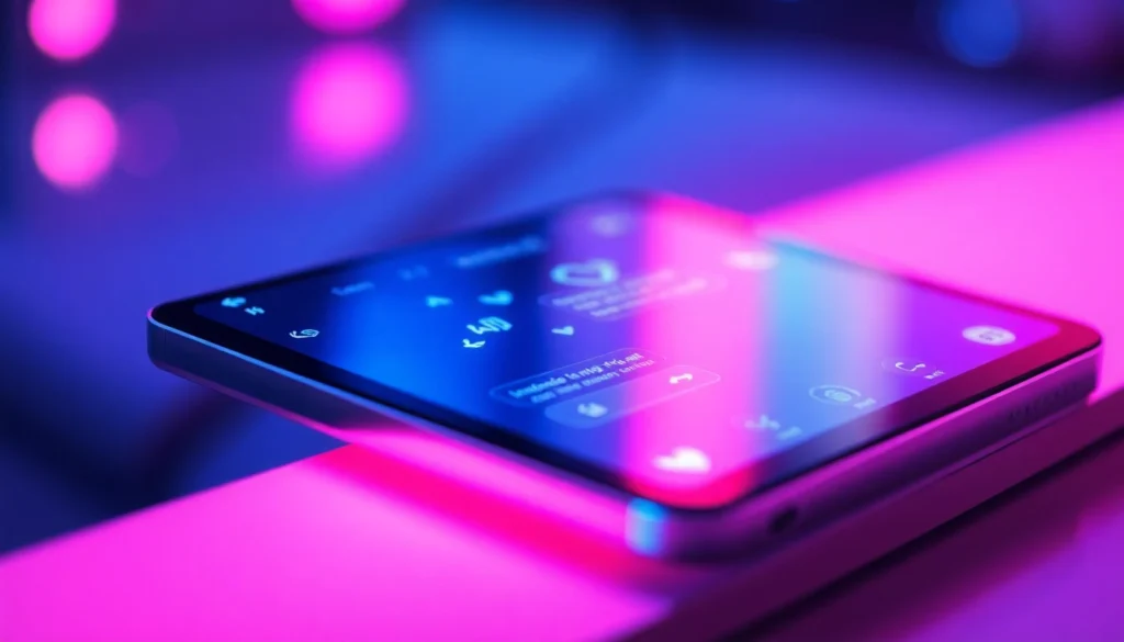 Close-up of a futuristic device screen displaying an AI chat interface with glowing colors and sleek design.