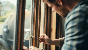 Expert performing sash window repair on a historic wooden sash window, showcasing detailed craftsmanship and restoration techniques for high-quality results.
