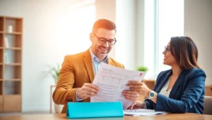 Small business loan approval process with an entrepreneur reviewing documents with a bank advisor in a modern setting, highlighting financial support for micro and small enterprises.