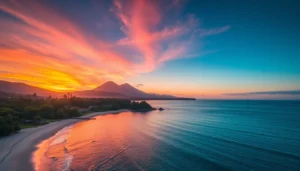 Lombok's stunning beaches with Gunung Rinjani in the background, capturing natural beauty and vibrant sunset hues.