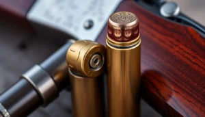 Detailed shot of a 32WIN cartridge and vintage rifle, emphasizing precision engineering and historical appeal.