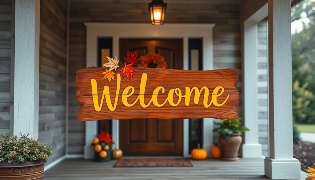 Beautiful wooden welcome signs adorning a cozy porch with autumn-themed decor, inviting guests warmly.