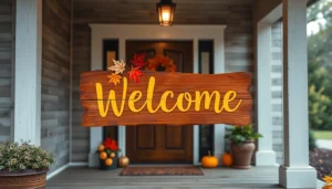 Beautiful wooden welcome signs adorning a cozy porch with autumn-themed decor, inviting guests warmly.