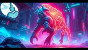 Visually striking 789f.monster depicted as a glowing digital creature in a futuristic setting, highlighting its unique features for an engaging website visual.