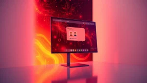 Futuristic AI chat interface on a sleek screen with vibrant colors and ambient lighting