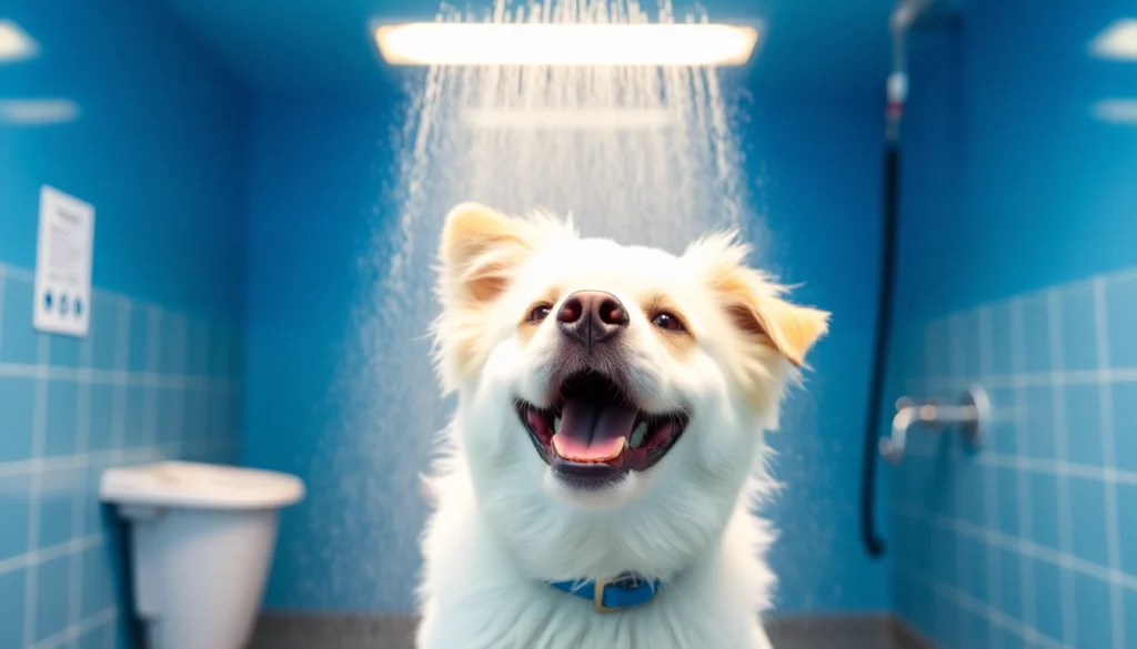 Wash your dog near me in a vibrant, clean dog wash station with playful ambiance and water features.