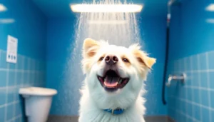 Wash your dog near me in a vibrant, clean dog wash station with playful ambiance and water features.