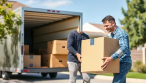 Apex Moving Services team expertly loading boxes onto a truck, demonstrating reliable Calgary moving solutions with focus on safety and efficiency.