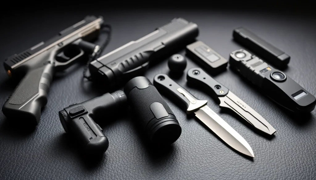 Self-Defense Weapons showcasing stun guns, pepper spray, and tactical knives for personal safety and security.