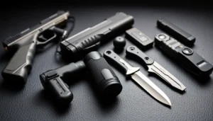 Self-Defense Weapons showcasing stun guns, pepper spray, and tactical knives for personal safety and security.