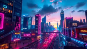 Immerse in technology through a vivid cityscape filled with advanced digital innovations lighting up the night.