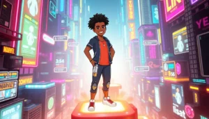 Futuristic avatar standing on a digital social media platform with neon lights and holograms.
