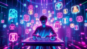 A futuristic digital illustration of avatars and data streams illustrating a social media universe with AI characters and fandom icons.
