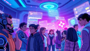 Futuristic virtual social media scene with avatars and AI characters engaging interactively in a high-tech environment.