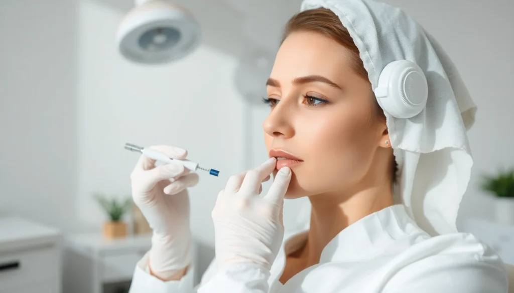 Qualified practitioner performing a Botox Behandlung by injecting the solution in a soothing medical setting.