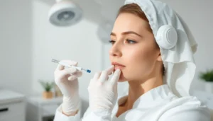 Qualified practitioner performing a Botox Behandlung by injecting the solution in a soothing medical setting.