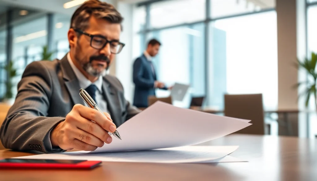 A business professional reviewing a business loan agreement in a modern office setting, demonstrating confidence and clarity.