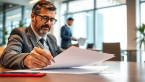 A business professional reviewing a business loan agreement in a modern office setting, demonstrating confidence and clarity.