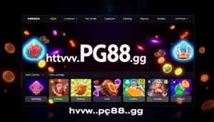 Engaging graphic showcasing https://pg88.gg/ with vibrant casino games and digital elements, emphasizing a lively online gambling platform for user engagement and trust.