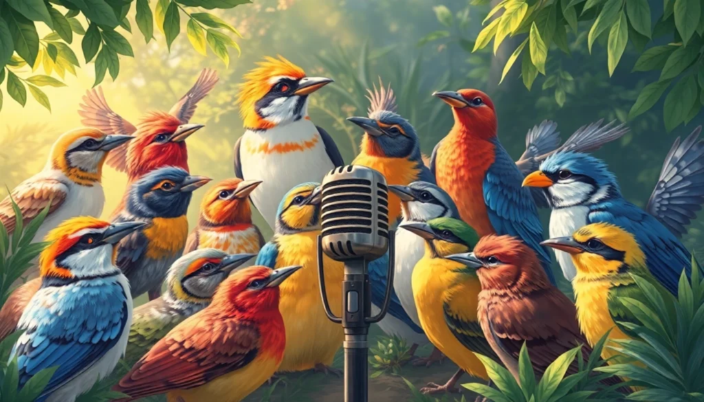 Bird Talk Radio hosts engaging with colorful wild birds during a lively outdoor broadcast to promote bird conservation.