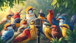 Bird Talk Radio hosts engaging with colorful wild birds during a lively outdoor broadcast to promote bird conservation.