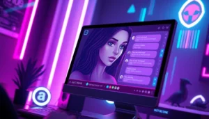 Futuristic AI adult chat interface with a female character displayed on a neon-lit screen
