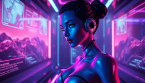 Futuristic digital scene showing an AI character in an immersive virtual environment with vibrant colors and glowing holograms.