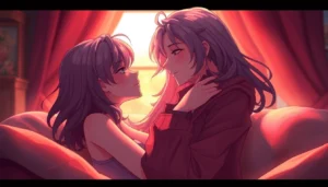An intimate scene between two humanoid characters in a warmly lit room, conveying emotion and connection with detailed textures and soft lighting.