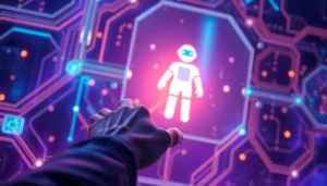 A futuristic scene of a person interacting with a glowing AI hologram in a high-tech environment.