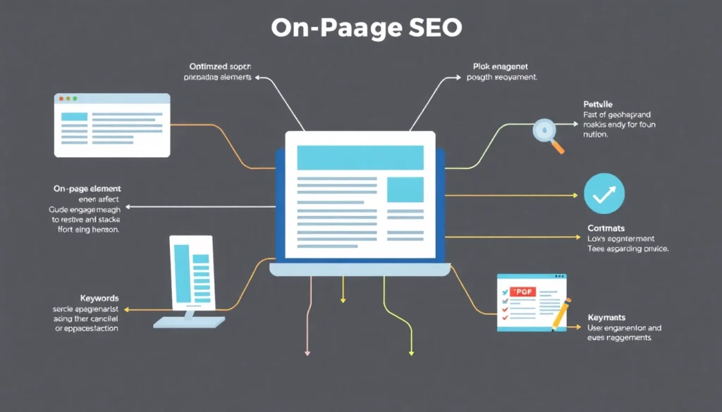 Visual guide to on page seo optimization including keywords, meta tags, and content structure