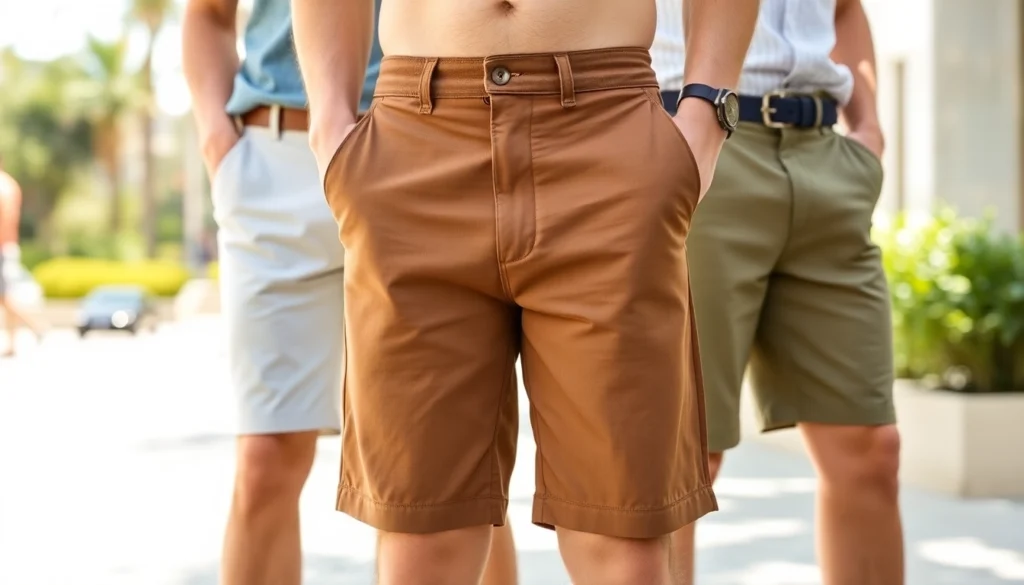 Men's Shorts in vibrant colors and modern styles, perfect for casual and active wear, on a sunny outdoor setting for an engaging look.