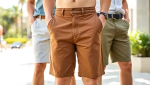 Men's Shorts in vibrant colors and modern styles, perfect for casual and active wear, on a sunny outdoor setting for an engaging look.