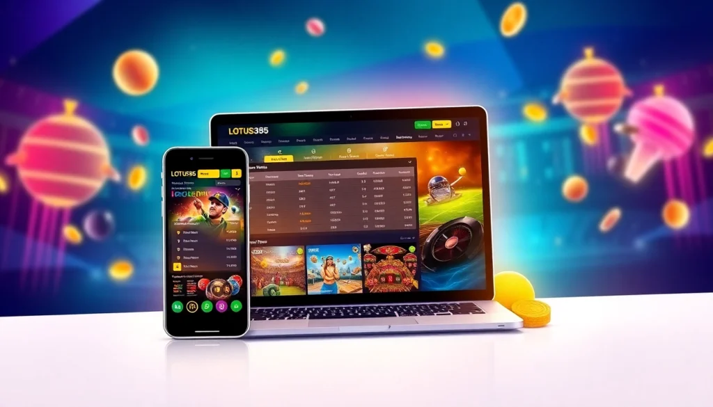 Lotus365 online betting platform showcasing live cricket and casino games on mobile devices, emphasizing trust and seamless experience for Indian users