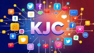 KJC branding logo displayed on a digital screen with vibrant light effects, symbolizing modern entertainment and communication platform, engaging and professional appearance, accessible for screen readers.