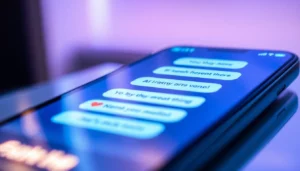 AI girlfriend chatbot engaging in a friendly, personalized conversation on a modern touchscreen device, emphasizing emotional connection and advanced technology.