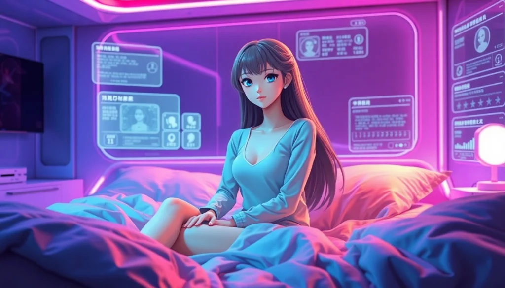 An AI girlfriend sitting on a bed in a futuristic bedroom with neon lighting and holographic displays, emphasizing realism and customization.