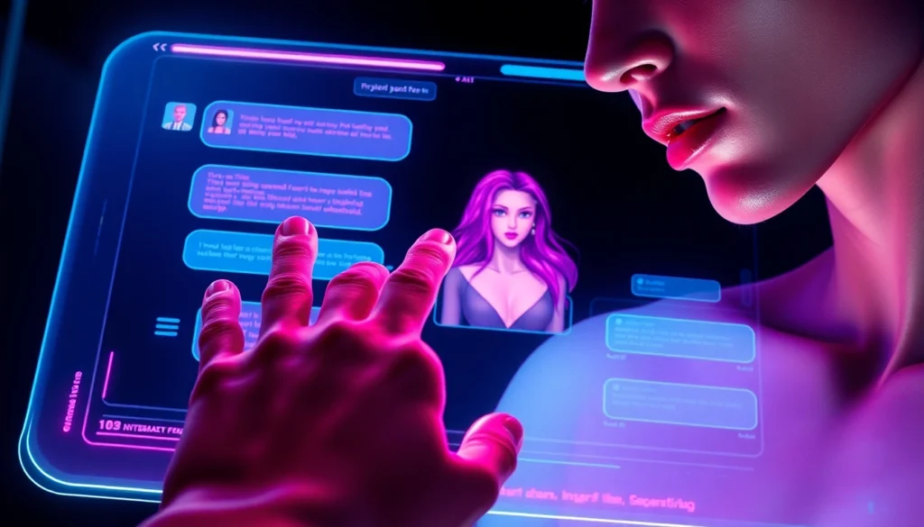 Futuristic AI chat interface with neon colors and realistic AI characters on a holographic screen.