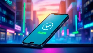 Smartphone displaying verified Cash App account with cityscape background at dusk.