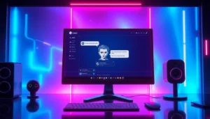 Futuristic digital interface of an AI chatbot platform on a neon-lit desktop, showcasing customizable characters and NSFW chat features.