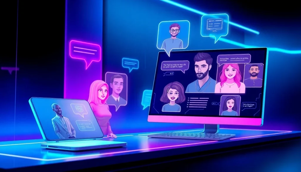 An illustration of a futuristic chat interface with diverse AI characters and glowing holographic speech bubbles.