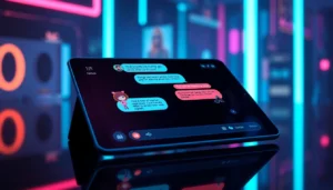 Futuristic digital chat interface on a tablet with vibrant neon colors and expressive AI characters.