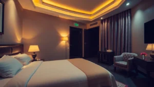 Professional escort in Haridwar offering discreet services in a luxurious hotel setting, emphasizing comfort and privacy.